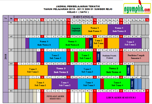 Jadwal Pelajaran Kurikulum 2013 Tahun Pelajaran 2018/2019 Kelas 1,2,3,4,5 dan 6