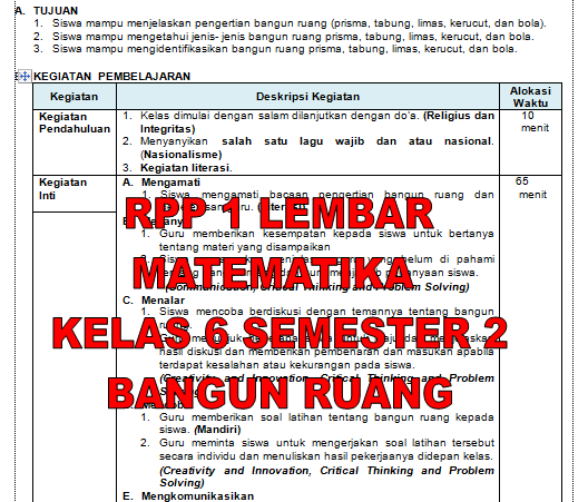 RPP 1 Lembar MTK Kelas 6 Semester 2 Bangun Ruang