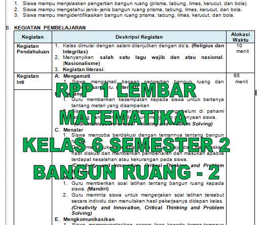 RPP 1 Lembar MTK Kelas 6 Semester 2 Bangun Ruang Ke 2