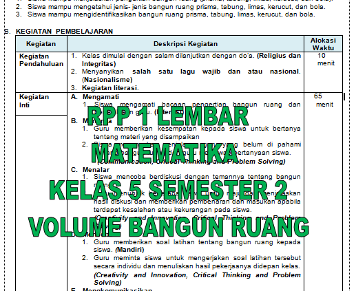 RPP Lembar MTK Kelas Semester Volume Bangun Ruang Newspaperheadlinestoday Com