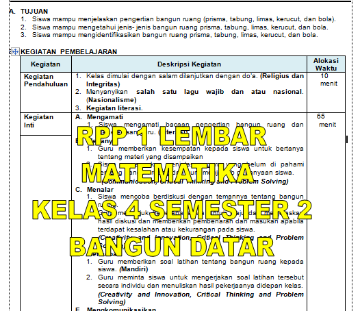 RPP 1 Lembar MTK Kelas 4 Semester 2 Bangun Datar