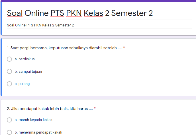 Soal Online PTS PKN Kelas 2 Semester 2