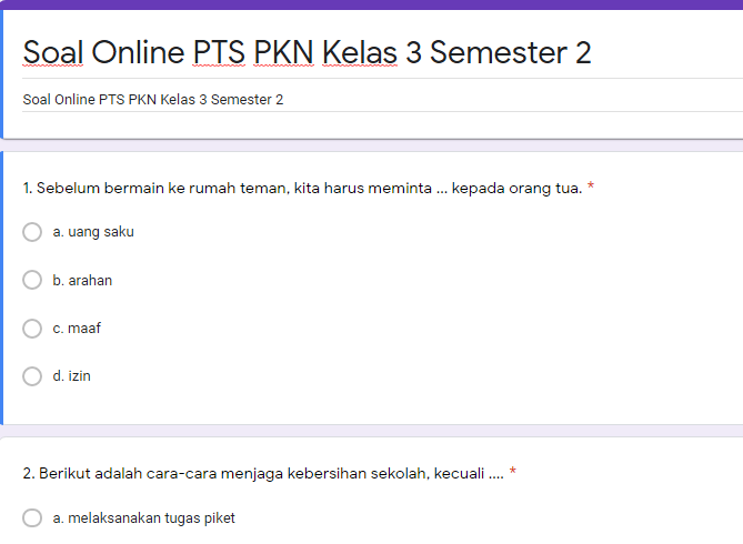 Soal Online PTS PKN Kelas 3 Semester 2