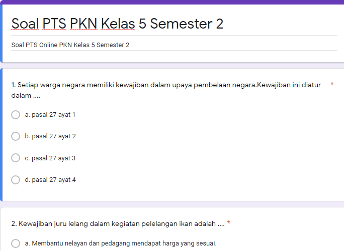 Soal Online PTS PKN Kelas 5 Semester 2